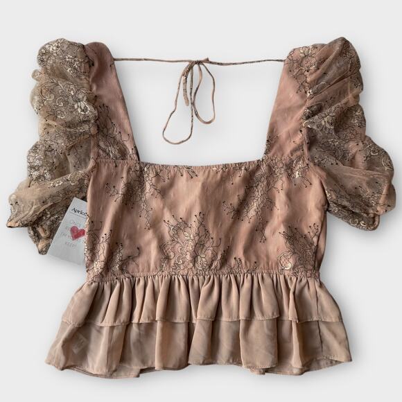 STORIA CROP DELICATE BOHO FLORAL EMBROIDERY LACE OVERLAY RUFFLE TAN MEDIUM - Picture 2 of 7